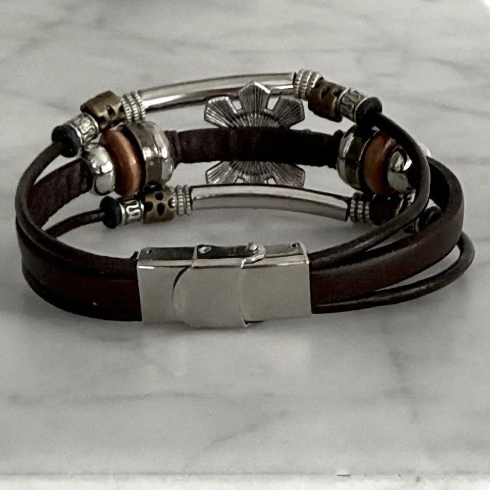 Protective Evil Eye Cuff Bracelet – Brown Leather, Boho Multi-Strand
